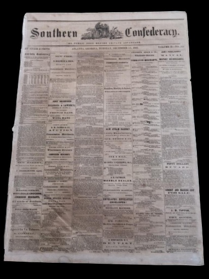 RARE! Southern Confederacy, Atlanta 1862 Newspaper