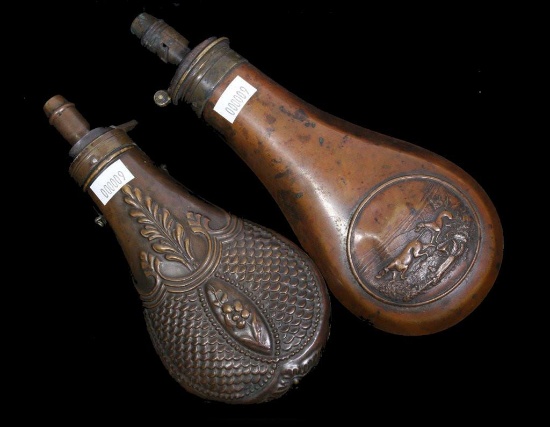 Fine Rare Pair of Mid 19thc Brass & Copper James Dixon & Sons Black Powder Flasks