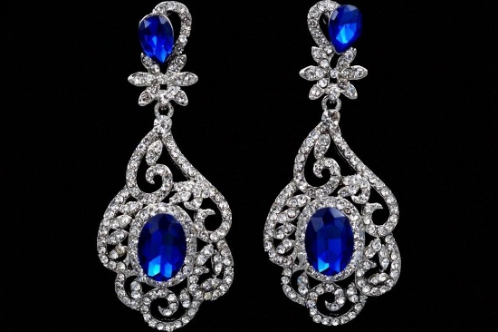 Elegant Royal Blue Czech Crystal & Rhinestone Drop Earrings