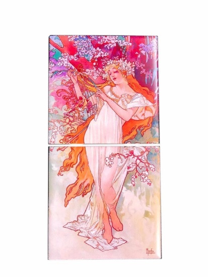 Modern Alphonse Mucha Seasons Ceramic Tile Insert Mural, Spring