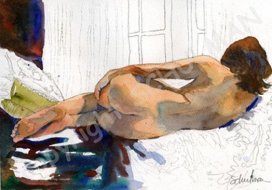 Signed Print, Female Nude Study From Watercolor Painting