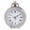 An open face pocket watch. White metal case, stamped