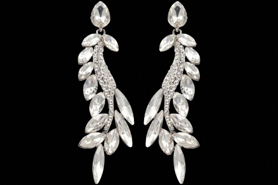 Rhodium Plated Clear Crystal Rhinestone Wedding Drop Earrings