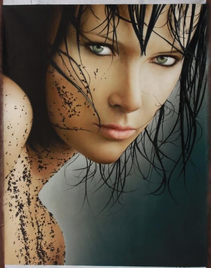 Signed Photo-realism Oil on Canvas, Brunette Model