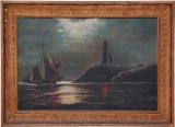 c1900 Lighthouse In Moonlight Oil Painting