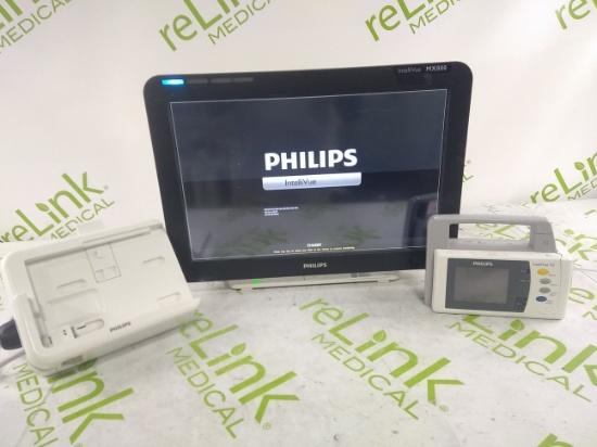 Philips MX800 Bedside Patient Monitor w/ X2 Transport Monitor - Masimo - Wireless - X2 Charger Tray