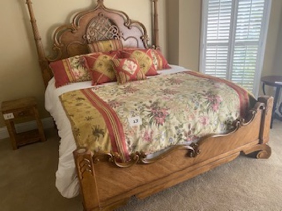 KING SIZE BED ORNATE WOOD WITH BEDDING