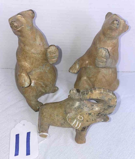 Stone Animals:  2 Bear 7",  Elephant 4.5"