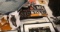 FRAMED PICTURES, SPOT LAMPS, BANNERS, GAS TANK DECAL, VINTAGE KIDNEY BELT,