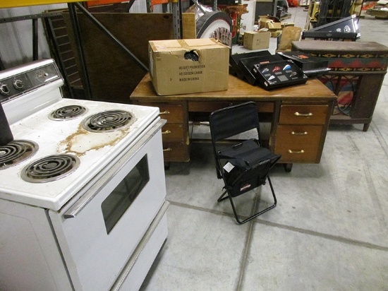 ANTIQUE RADIO BOX (GUTTED), WOODEN DESK, ELECTRIC STOVE, SIX (6) BOXES OF C