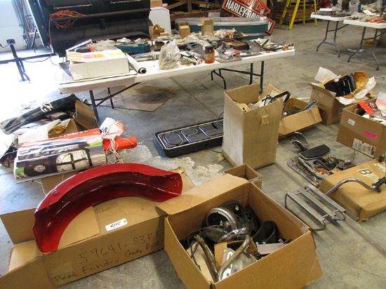 MIXED LOT OF HARLEY PARTS, NOS FENDER, BANNERS, OPEN SIGN, HEADLIGHT, ETC