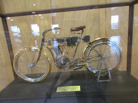 Scale Model (Approx 14 inches) of 1903 Serial #1 Harley Davidson Motorcycle with display case