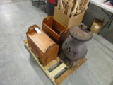 CAST IRON WOOD BURNING STOVE AND TWO (2) HARLEY DAVIDSON WOODEN BOXES.