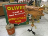 HOG WEATHER VANE, FRONTIER GAS CAN AND A TWO-SIDED OLIVER FARM MACHINERY SH