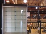 APPROXIMATELY 7' TALL GLASS AND WOOD DISPLAY CASE. 