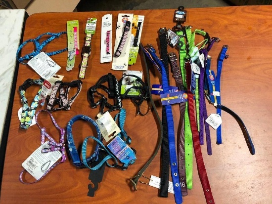 25, assorted leashes, collars, and harnesses