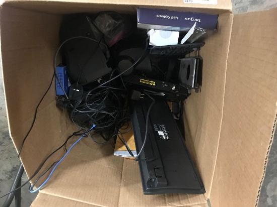 Box of keyboards printers scanner mice and wires