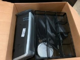 Box of desk accessories including space heater and garbage can