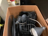 Box of desk accessories including lamps and organizers