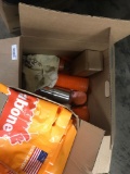 Box of plastic cups, box of bags