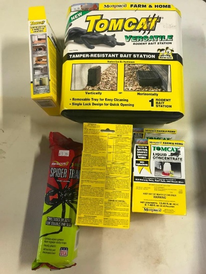 Tomcat versatile rodent bait station, refills, liquid concentrate and Rescue spider trap