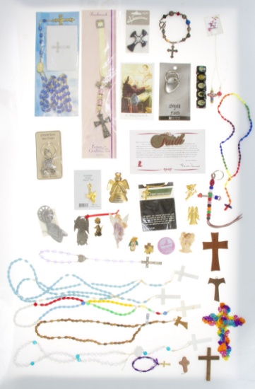 Huge Lot of Religious Catholic Christian Items - Rosary Beads - Crosses - Angels & More