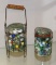 2 SHORT MASON JARS OF OLD MARBLES, 1 INCLUDES