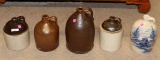 5 STONEWARE SHOULDER JUGS INC. 2 BROWN GLAZE, 2