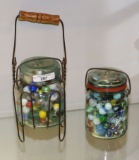 2 SHORT MASON JARS OF OLD MARBLES, 1 INCLUDES