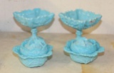 4 PCS BLUE MILK GLASS INC. 2 SQUARED PEDESTAL