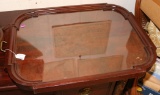 MAHOGANY GLASS TOPPED BUTLER TRAY W/ BRASS