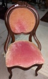 WALNUT PARLOR CHAIR W/ CARVED CREST, PINK