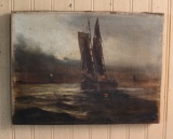 OLD MYSTERY PAINTING DEPICTING FISHERMAN
