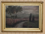 EARLY OIL ON SLATE PAINTING DEPICTING PINK