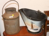 OLD METAL MILK CAN AND HANDPAINTED SCUTTLE