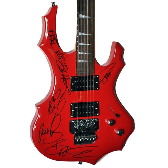 Iron Maiden Signed Red Twisted Warlock Guitar