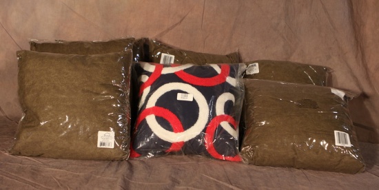 (6) brown pillows, 1 red white blue