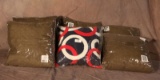 (6) brown pillows, 1 red white blue