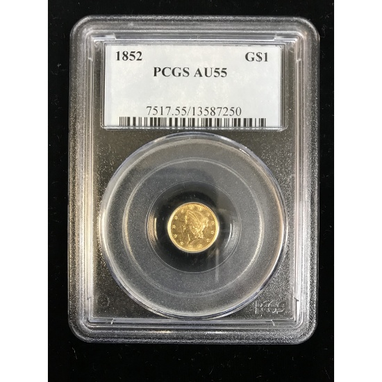Certified $1 Gold Liberty 1852 AU55 PCGS