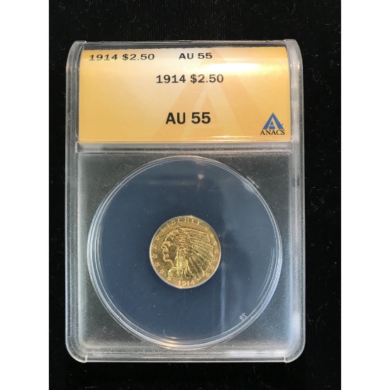 Certified US Gold $2.5 Indian 1914 AU58 NGC