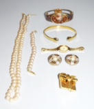 Lot of Ladies Costume Jewelry: Pearl Necklace & Bracelet, Timex Watch, Brooch, 2 Bracelets, Earrings
