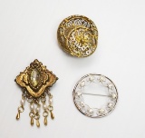 Lot of 2 Vintage Brooches & Small Filigree Ring / Trinket Box