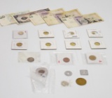 Lot of US & Foreign Currency + 5) 1852 California 1/2 Indian Gold Tokens w/13 Stars