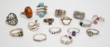 Lot of 16 Assorted Sterling Silver Ladies/Womens Rings, Various Sizes 68g
