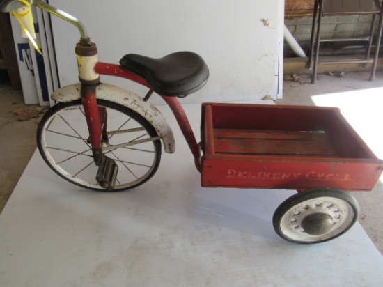 1950'S GARTON DELIVERY WAGON TRI-CYCLE WOOD BOX ARTILLERY WHEELS (GREAT ORIGINAL)