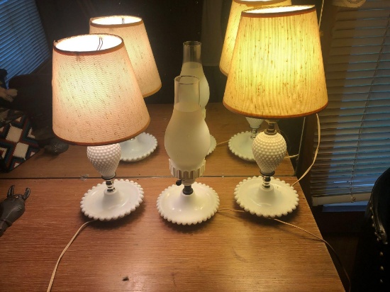 Three milk glass lamps