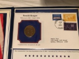 Ronald Reagan presidential medal Electroplated and 24 karat gold coin and stamp