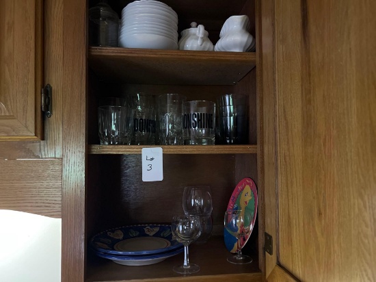 CABINET CONTENTS; MILK GLASS DISHES, MISC