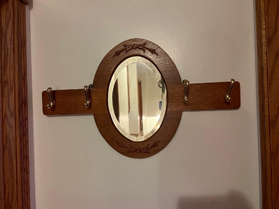 OLD HALLWAY MIRROR WITH HOOKS