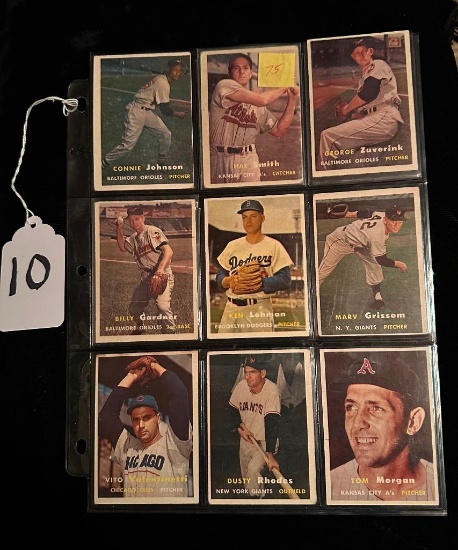 LOT OF 9 1957 TOPPS BASEBALL CARDS INCLUDING KANSAS CITY A'S, BROOKLYN DODGERS, NEW YORK GIANTS & +